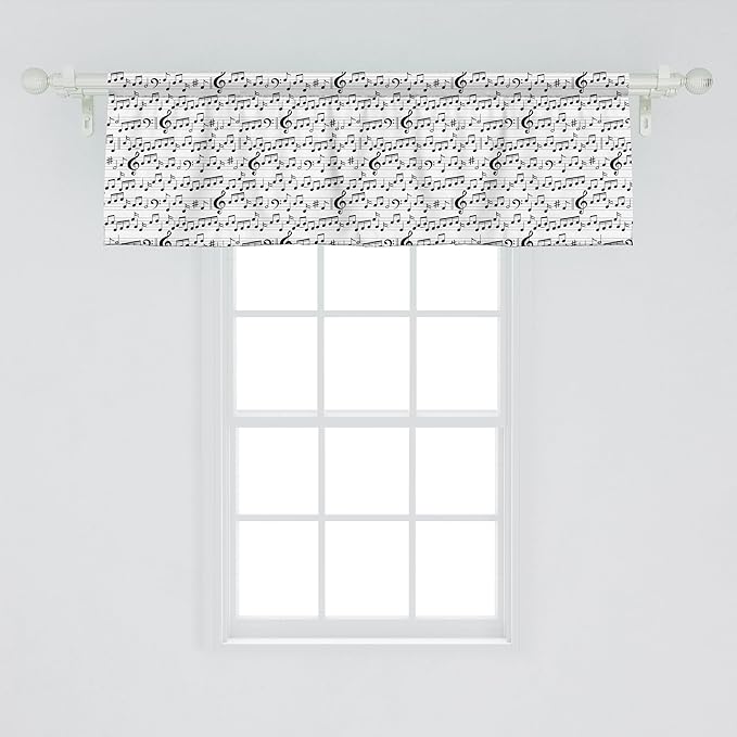 Ambesonne Music Window Valance, Abstract Style Professional Pattern Notes and Clef Sheet Play Writing Print, Curtain Valance for Kitchen Bedroom Decor with Rod Pocket, 42" x 18", Black White