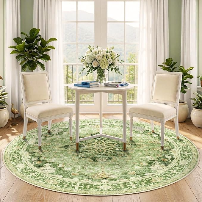 RELEANY Washable Area Rug, Round 5ft, Water Repellent, Pet Friendly, Vintage - Image 3