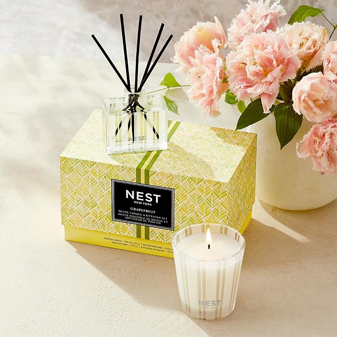 NEST New York Scented Petite Candle (4.5 oz) & Diffuser (1.3 fl oz) Set, Grapefruit - Reusable Glass Vessel - Vegan, Cruelty Free