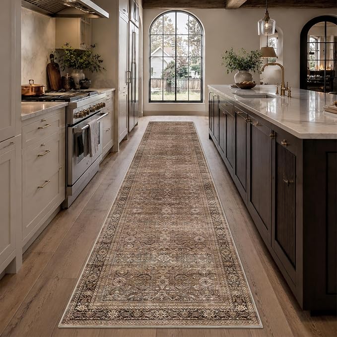 Schweek 3x12 Washable Kitchen Runner Rug Non Slip Hallway Rug Vintage Brown | - Image 3