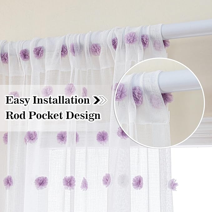 MYSKY HOME 72 Inch Long Purple Pom Pom White Sheer Curtains for Bedroom Nursery Curtains for Baby Room Door Curtains for Doorway 2 Panels Light Filtering Rod Pocket Semi Window Drapes 52 x 72 inch