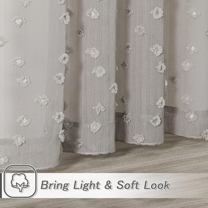 MYSKY HOME Pom Pom Grey Sheer Curtains for Bedroom Girls Room Curtains 63 inch Length for Nursery Kids Light Filtering Boho Window Drapes, Rod Pocket, 52" Wide, 2 Panels