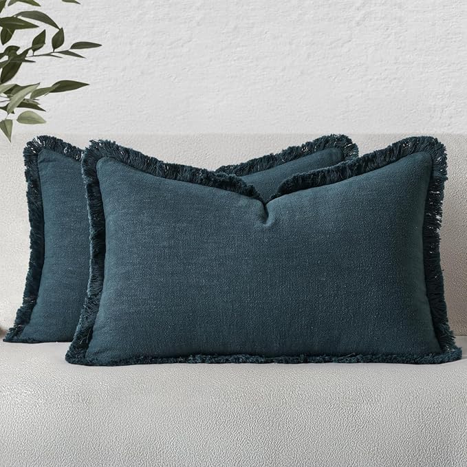 MIULEE Linen Fringe Decorative Lumbar Throw Pillow Covers Navy Blue 12x20 | Set by MIULEE