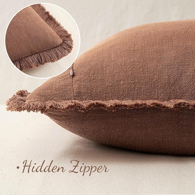 MIULEE Linen Fringe Decorative Fall Euro Throw Pillow Covers Brick 24x24 | Set - Image 3
