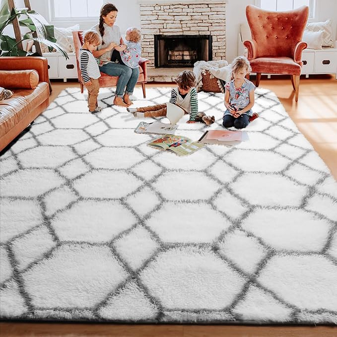 Area Rugs for Living Room, 7x10 Fluffy White and Grey Geometric Bedroom Rug | - Image 7