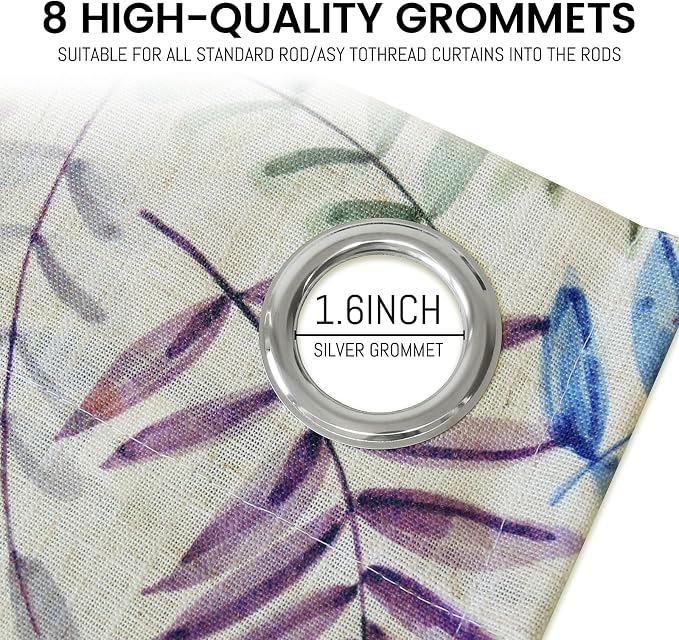 Yakamok 84 Inches Blue and Purple Leaves Linen Curtains - Image 4