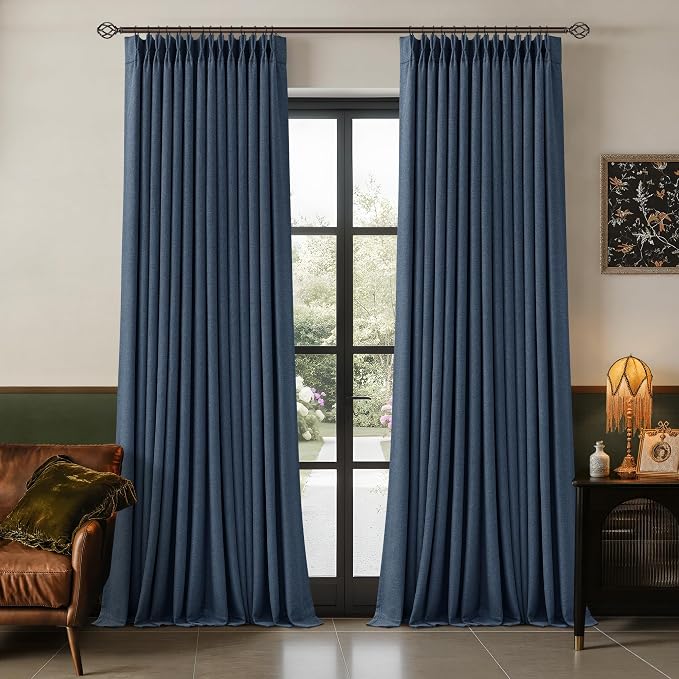 Navy Pinch Pleated Blackout Linen 102 Inch Dual Layer Curtains 2 Panels Set | by Twodrapes