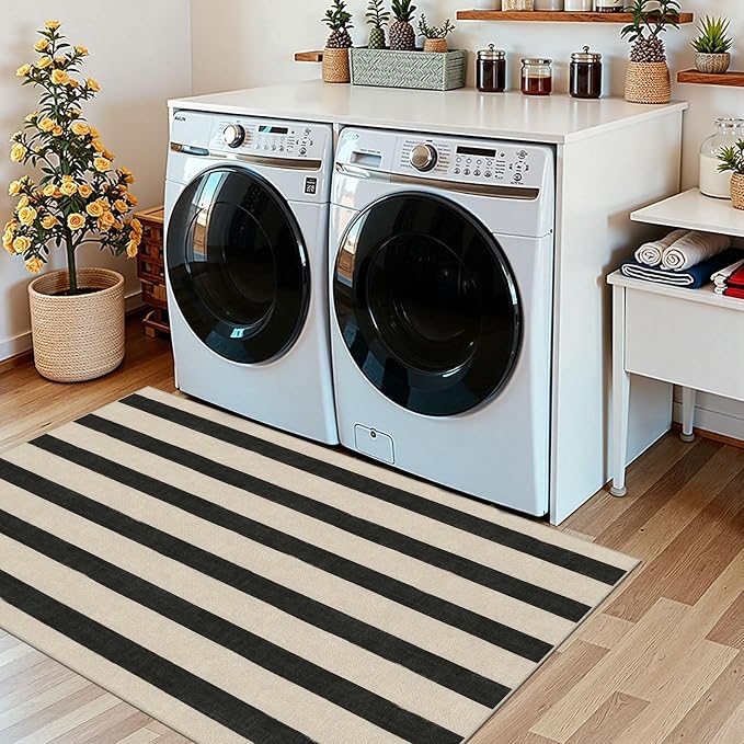 Black and White Striped Entry Rug, 3x5 Non-Slip Indoor Outdoor Rugs | Washable - Image 9