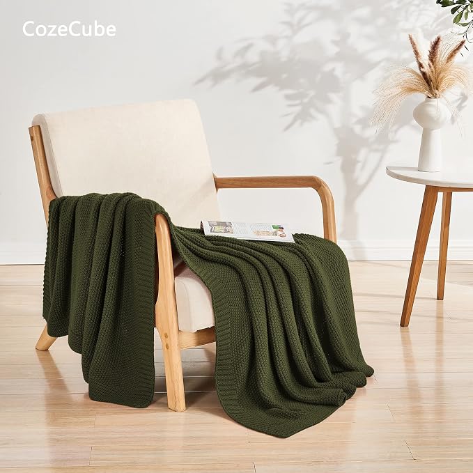 CozeCube Olive Green Seed Stitch Throw Blanket 50"x60", Farmhouse Decor | - Image 2