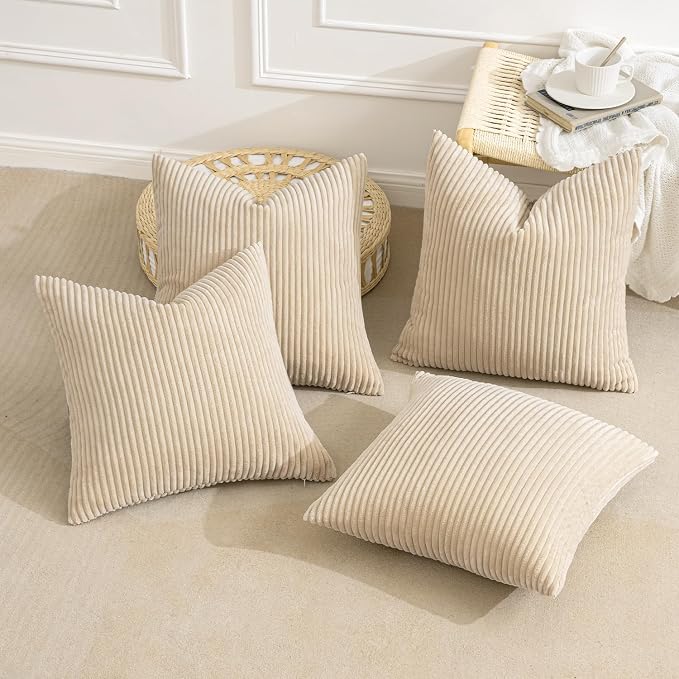 MIULEE Soft Corduroy Decorative Throw Pillow Covers Beige 18x18 | Set of 4 - Image 4