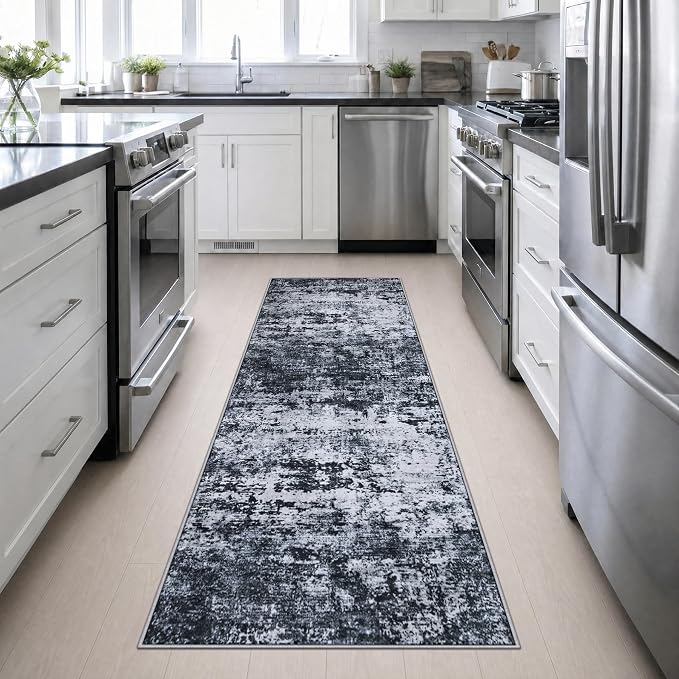 2.6x10 Washable Runner Rug:Modern Abstract Indoor Carpet Black | - Image 5