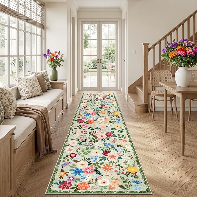 PLHXFR 2.6x14 Washable Runner Rug：Floral Indoor Kitchen Soft Carpet Green | - Image 3
