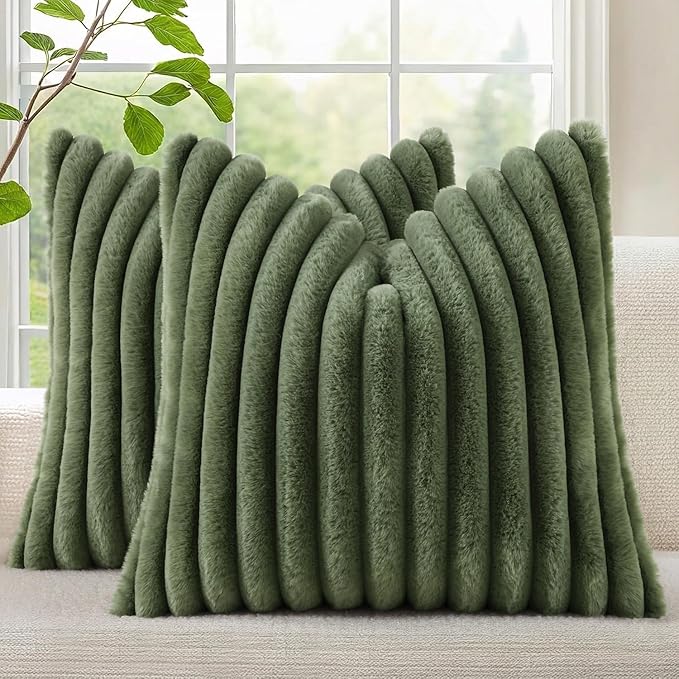 decorUhome Fall Faux Fur Throw Pillow Covers 18x18 Set of 2 Olive Green | by decorUhome