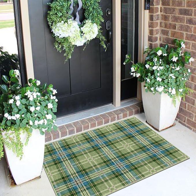 Front Door Mat Outside Entrance, 2x3 Green Teal Tartan Plaid Rug | Non-Slip - Image 4