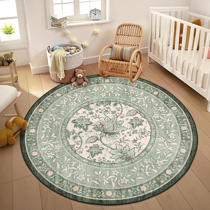 GarveeHome Sage Green Botanical Grove 5ft Round Rug, Small Circle Vintage - Image 2