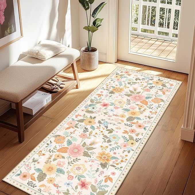 Floral Washable 2x6 Area Rugs Runner Entryway Hallway Beige/White/Orange | by RELEANY