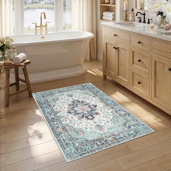 RELEANY Washable Area Rug, Small 2'6"x4', Teal Green/White/Navy | Non-Slip by RELEANY