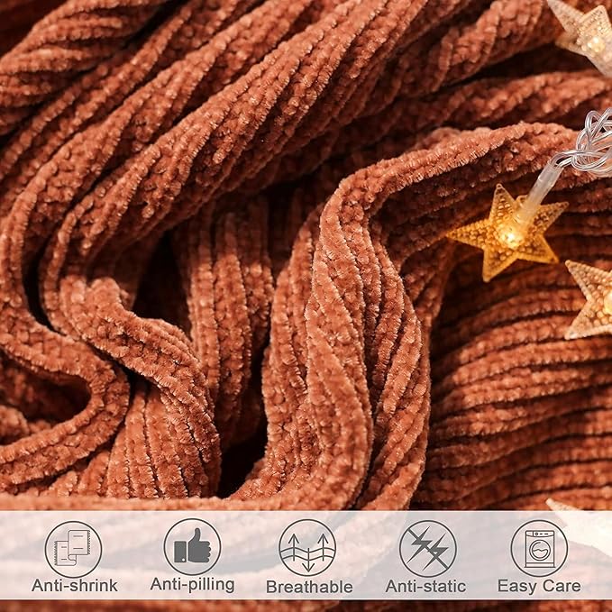 lifein Throw Blanket for Couch, Soft Boho Bed Throw, Cozy Burnt Orange Chenille - Image 5