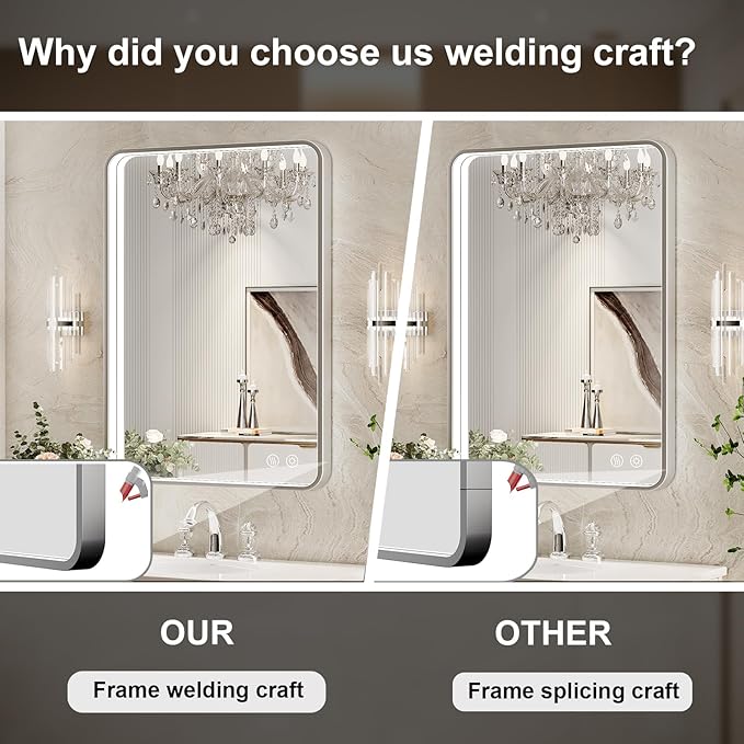 LED Bathroom Mirror with Lights,24x32 Inch Brushed Silver Framed Lighted Vanity Mirror,Anti Fog Stepless Dimmable Wall Mounted(Horizontal/Vertical)