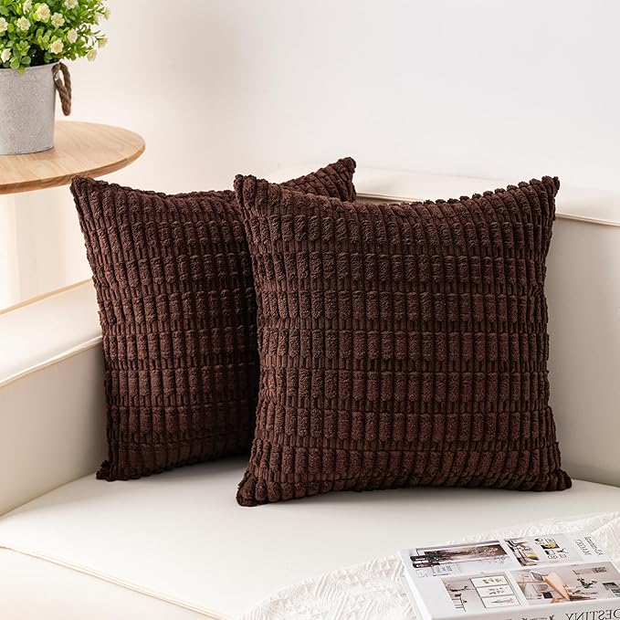 Pack of 2 Corduroy Decorative Throw Pillow Covers 18x18 Inch, Dark Brown | Fall by Unknown