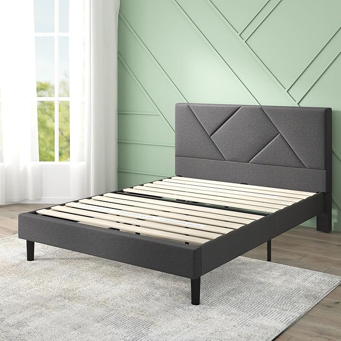 ZINUS Judy Upholstered Platform Bed Frame, Mattress Foundation, Wood Slat Support, No Box Spring Needed, Eco Friendly WonderBox (TM), Easy Assembly, Dark Grey, Queen