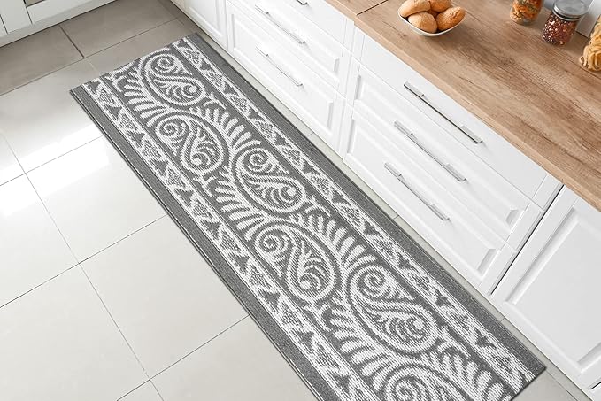 Custom Length Cut to Size Tribal Ethnic Southwestern Inspired Hallway Runner Rug, Non Slip Rubber Backed, 31 inch Wide X Customized Length, Mayan Grey, 31 inch X 14 feet