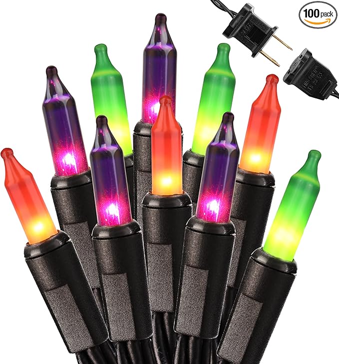 Brizled Halloween String Lights, 21.3ft 100ct Incandescent Purple & Green & Orange Halloween Lights Connectable, UL Certified Halloween Lights Black Wire Mini Light Set for Halloween Holiday Christmas