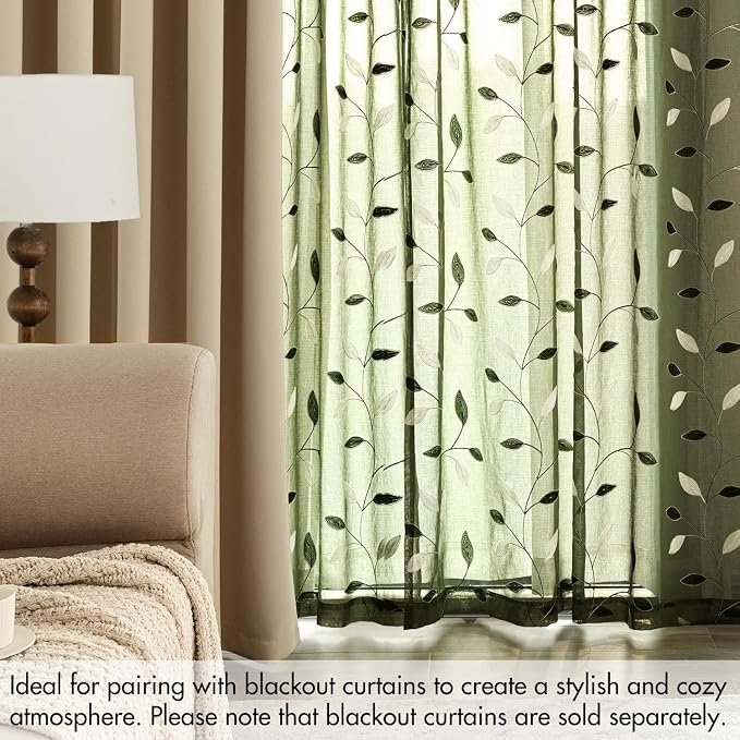 MIULEE Olive Green Sheer Curtains 2 Panels Leaf Patterned, W52 x L63 | - Image 7