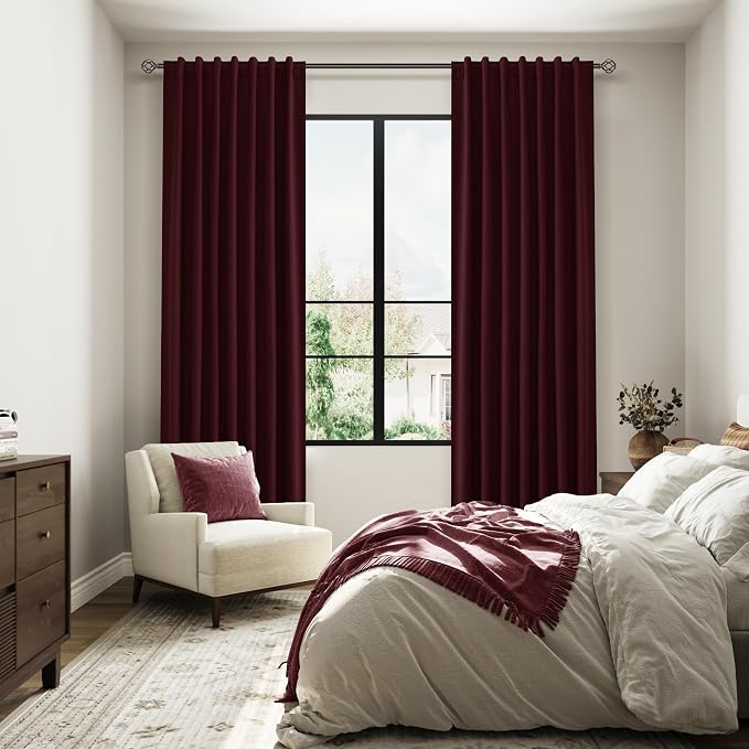 Burgundy 100% Blackout Linen Curtains 84 Inch Length 2 Panels Set - Image 8