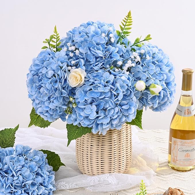 6 Pcs Real Touch Hydrangea Artificial Flowers, 21" Blue Full Faux Hydrangea Flowers Latex Fake Flowers for Home Decor Party Floral Arrangements Wedding Bouquets Centerpieces Outdoor Decor