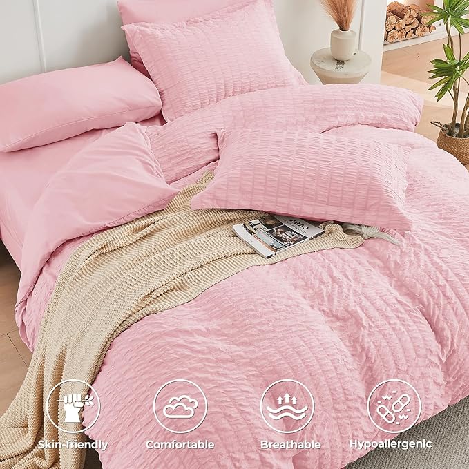 HYMOKEGE Pink Queen Comforter Set Seersucker 7 Pieces, All Season Luxury Bed in a Bag for Bedroom, Bedding Set with Comforters, Sheets, Pillowcases & Shams