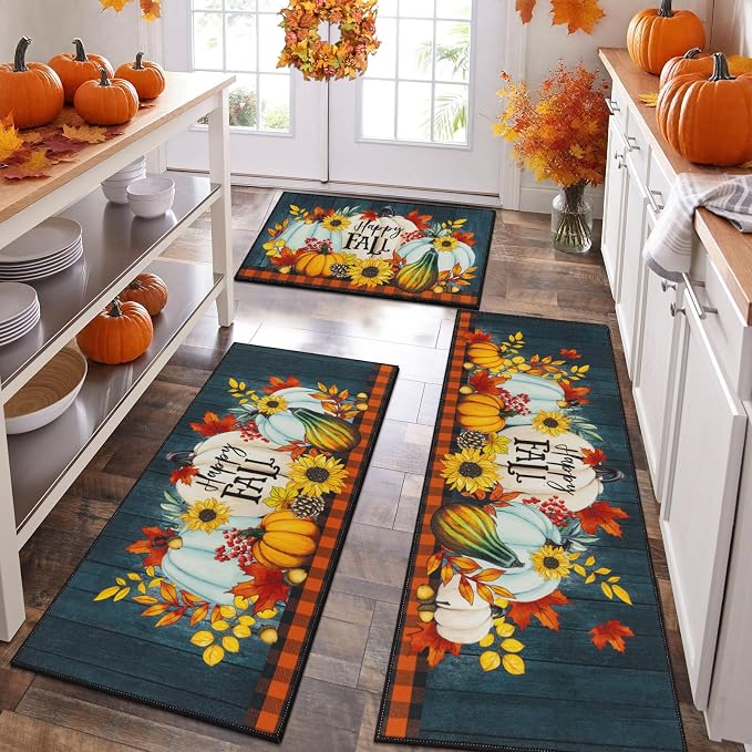 HEBE Fall Kitchen Rugs Set of 3, Washable Pumpkin Kitchen Mats by HEBE