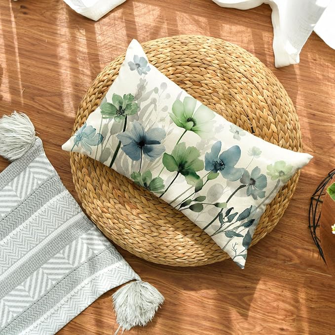 AVOIN colorlife Poppy Flowers Chinoiserie Throw Pillow Cover 12x20 Inch | Blue - Image 2