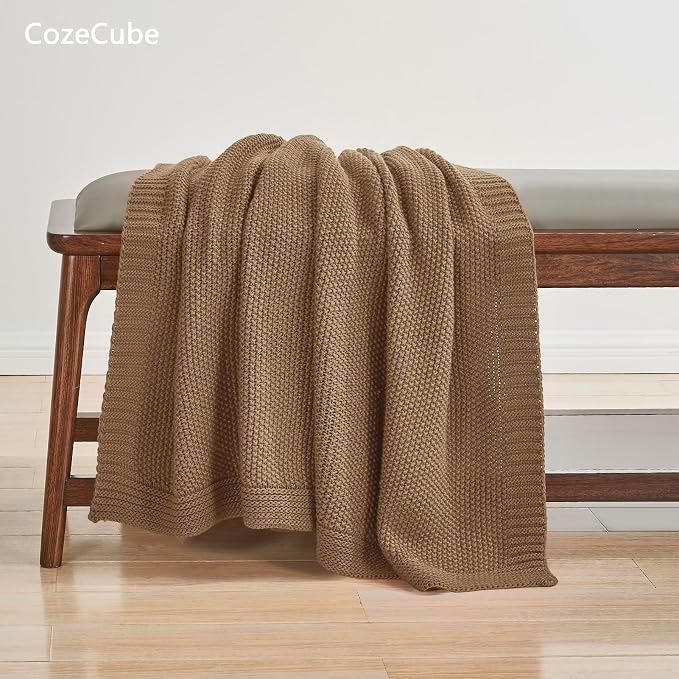 CozeCube Caramel Brown Seed Stitch Throw Blanket 60"x80", Farmhouse Decor | - Image 3