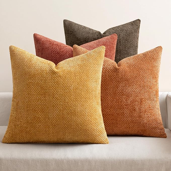 MIULEE Decorative Chenille Fall Pillow Covers Orange Brown 18x18 Pack of 4 | by MIULEE