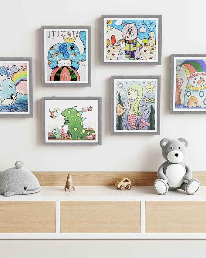 BAIJIALI 2 Packs Grey Kids Art Frames for Kids Artwork Frames Changeable Display 8.5x11 with Mat or 9x12 without Mat,Picture Frame for Kids Artwork Front Opening Holds 150 Horizontal &Vertical For
