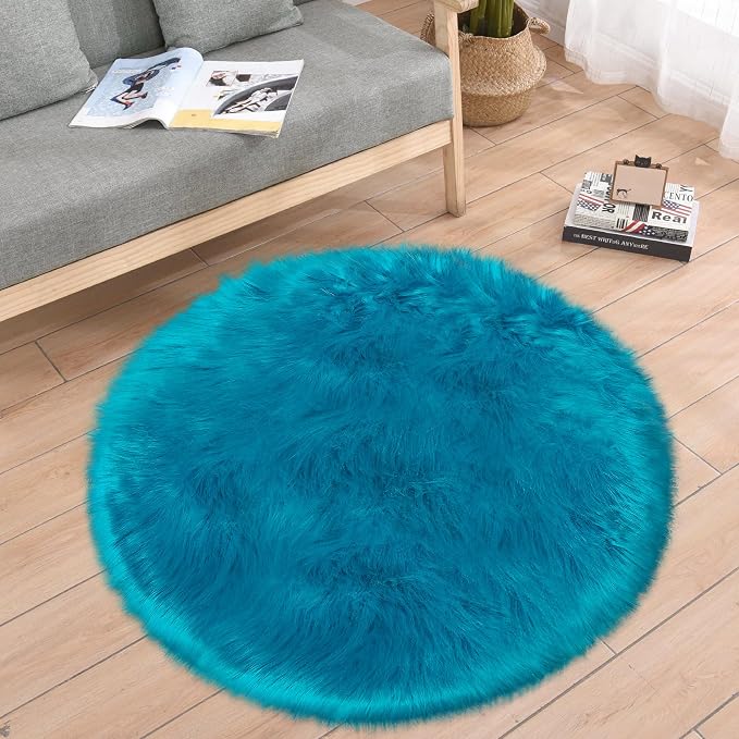 3ft Small Round Blue Rug, Thick Furry Fluffy Carpet - Image 6