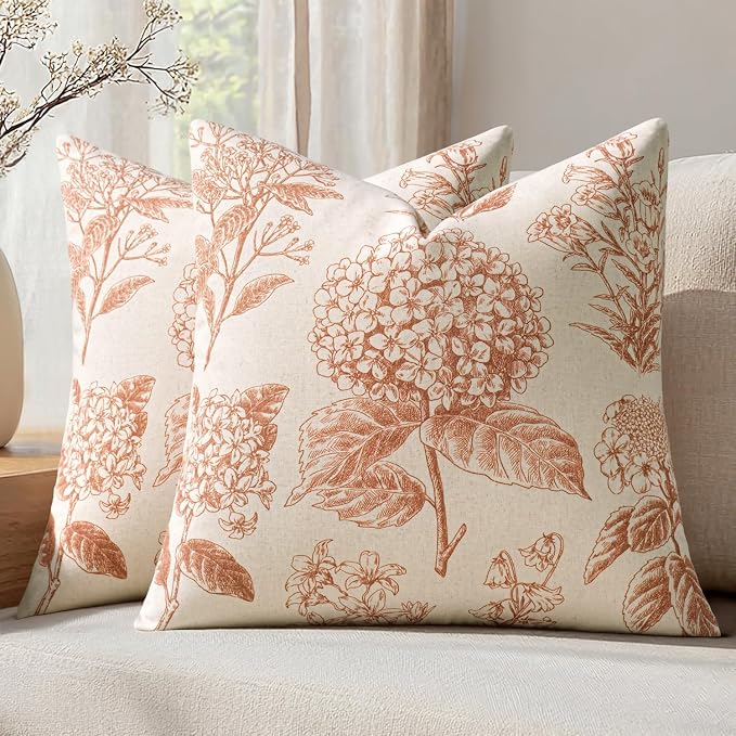 Set of 2 Decorative Floral Pillow Covers 20x20 Inch Autumn Orange | Neutral by SWANCOCO