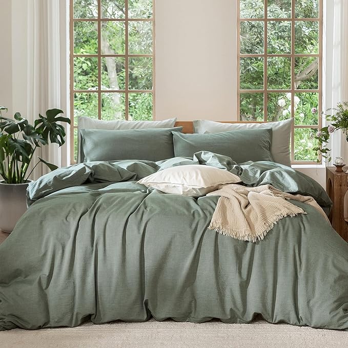 MooMee Bedding Duvet Cover Set 100% Washed Cotton Linen Like Textured Breathable Durable Soft Comfy (Heathered Green, Cal King 104"x98")