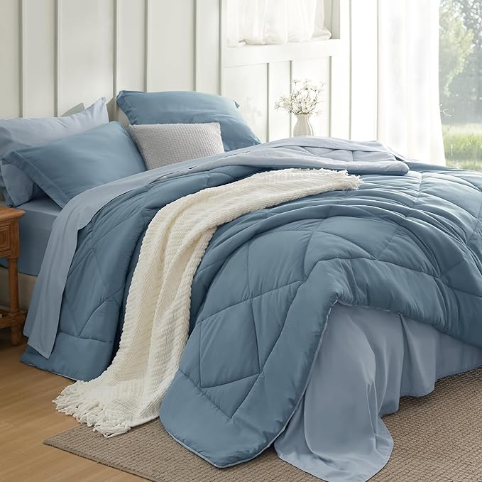Bedsure Full Comforter Set - 7 Pieces Reversible Grayish Blue Bedding, Full Size Bed Set for All Seasons, Bed in a Bag with Down Alternative Comforter, Sheets, Pillowcases & Shams