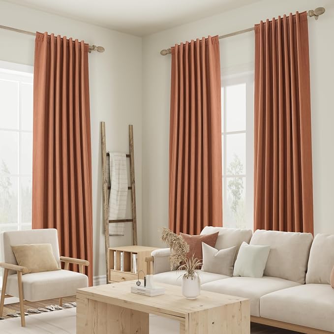 Terracotta 100% Blackout Linen Curtains 102 Inch Length 2 Panels Set Fall - Image 8