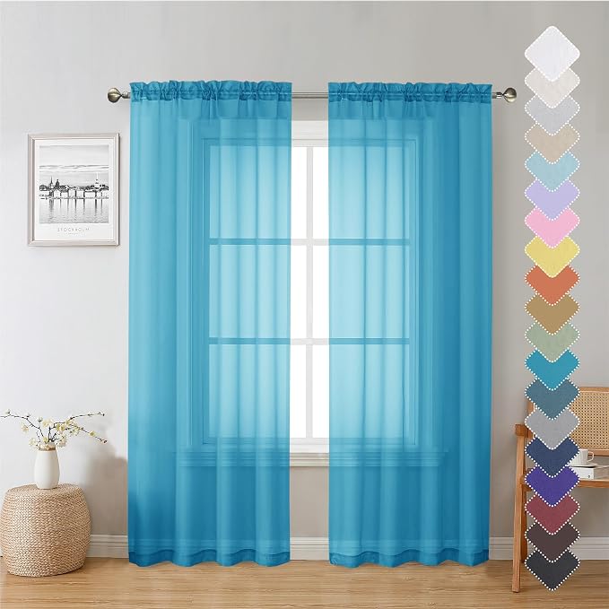 Turquoise Sheer Curtains 72 Inches Long 2 Panels, Light Filtering Voile Curtain by Lecloud