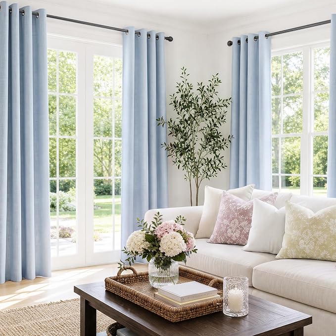 100% Blackout Linen Textured Curtains 63 Inch Long, Chambray Blue | 100% - Image 2