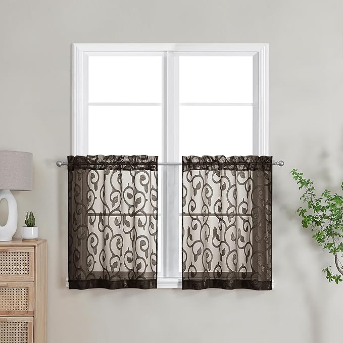 Furman Sheer Curtains Chocolate 24 Inch Length 2 Panels Set, Elegant Geometric by OWENIE