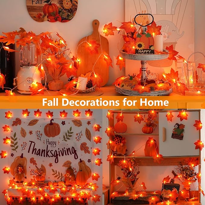 YEGUO 6 PCS Thanksgiving Decorations for Home, Fall Lights Battery Operated, Total 60ft 120 LED Lighted Fall Garland Maple Leaves for Halloween Holiday Autumn Harvest Fall Thanksgiving Decor