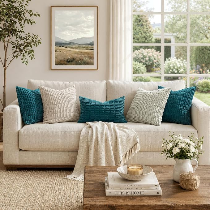 MIULEE Corduroy Decorative Throw Pillow Covers 16x16 Teal Pack of 2 | Soft Boho - Image 3