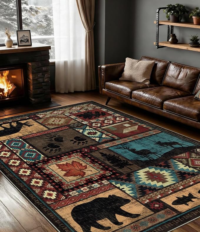 Rustic Cabin Area Rug 5x7, Machine Washable Lodge Bear Rug, Non-Slip Low Pile by YIHOUSE