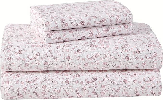 Laura Ashley - Flannel Sheets Queen Size, Anti-Pilling & Wrinkle Resistant Cotton, Touchably Soft for All-Season Comfort - Bed Sheets with Matching Pillowcases & Fitted Sheet (Paisley Prance Pink)