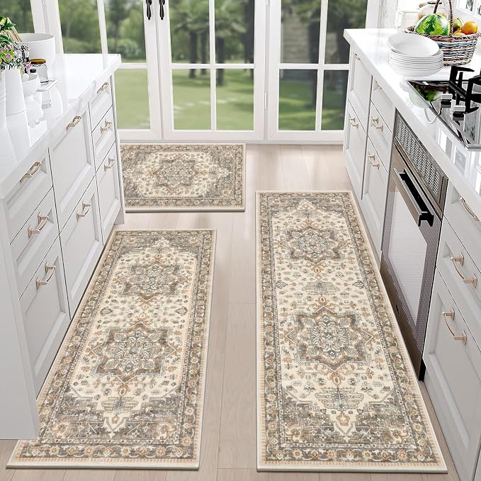 HEBE Boho Kitchen Rugs Set of 3, Non Slip Washable Kitchen Mats - Image 3