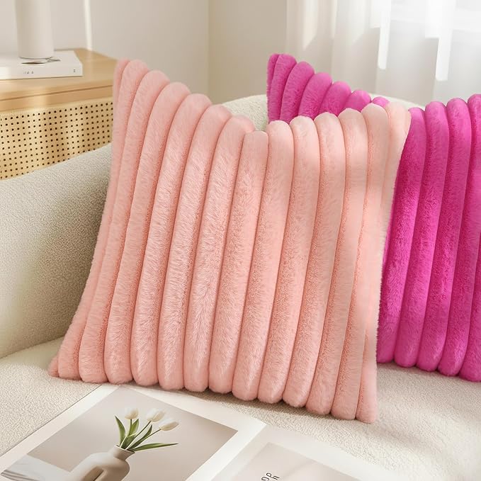 decorUhome Fall Faux Fur Throw Pillow Covers 24x24 Set of 2 Blush Pink | - Image 4